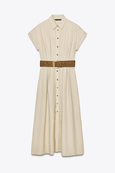 LINEN BLEND MIDI DRESS WITH BELT - Light beige by Zara - Image 4