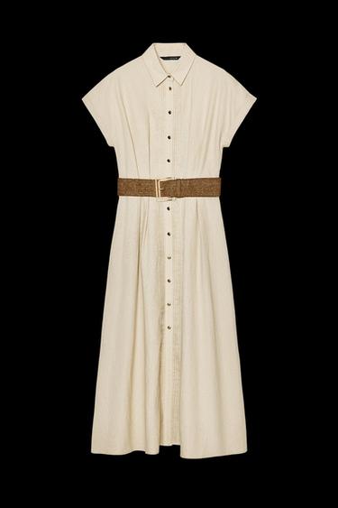 MIDI-KLEID MIT GÜRTEL UND LEINEN - Hellbeige von Zara