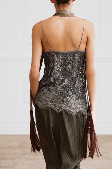 TOP À BRETELLES PAILLETTES ZW COLLECTION - Argent foncé de Zara - Image 2