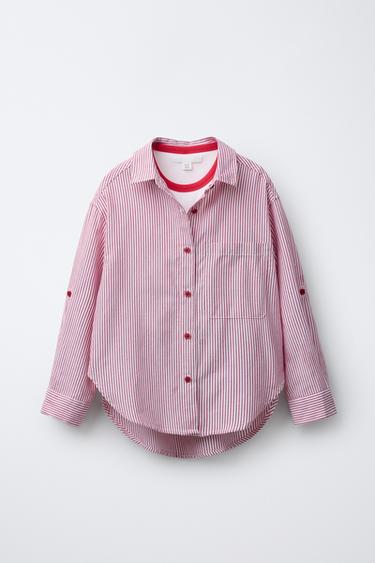 PACK CHEMISE À RAYURES AVEC T-SHIRT EN CÔTELÉ À COL CONTRASTE - Rouge de Zara - Image 2