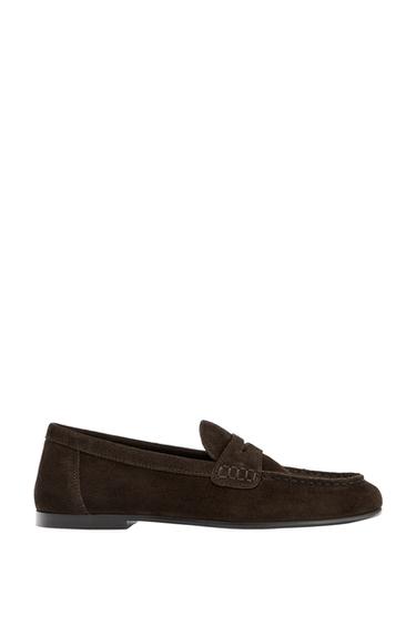 TOPSTITCHED SPLIT SUEDE LOAFERS - Chocolate Brown by Zara
