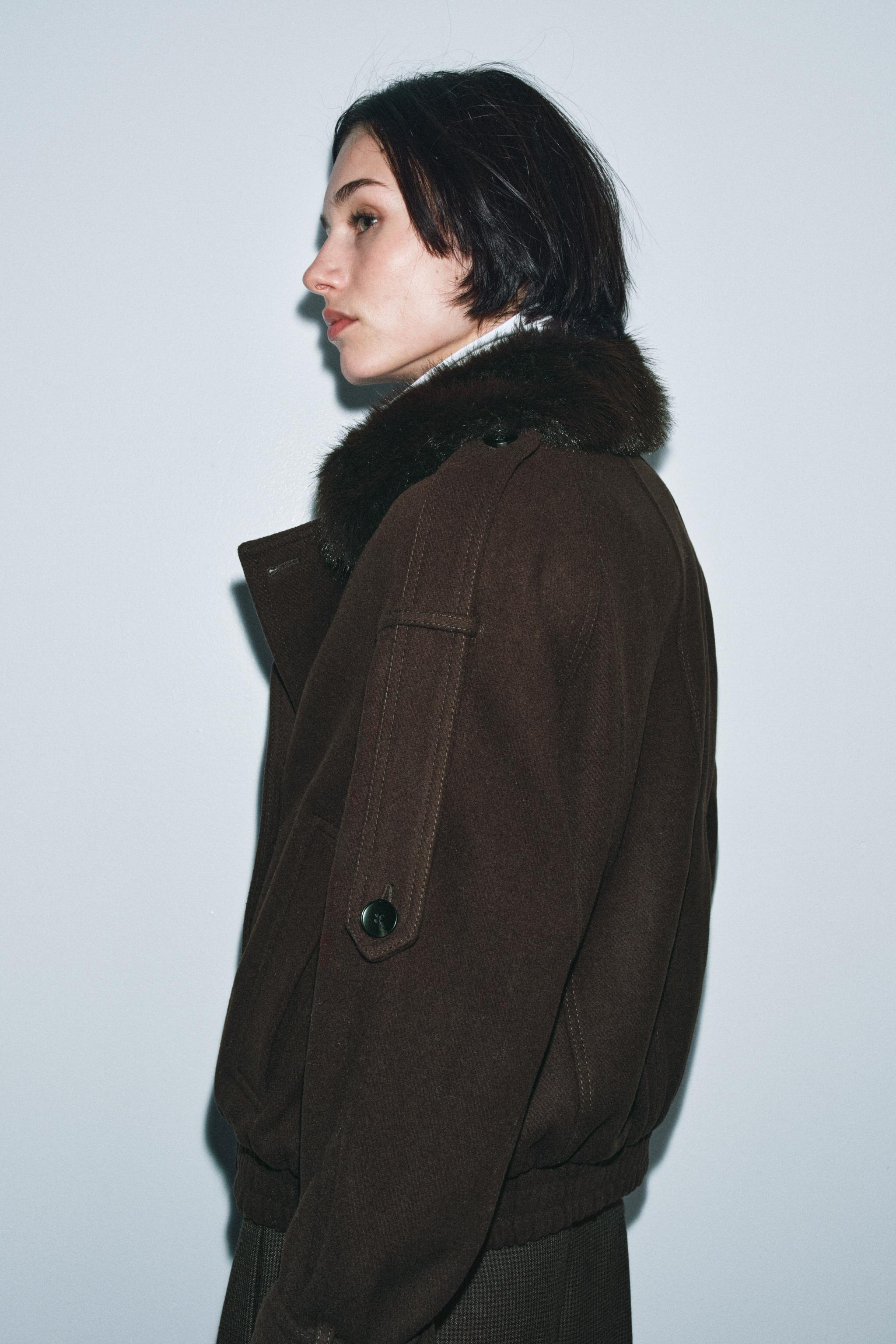 ZW COLLECTION ウールフェイクファーカラージャケット - ブラウン