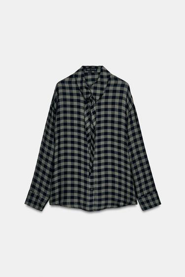 Zara GINGHAM SHIRT WITH SCARF ZW COLLECTION - Green / Blue