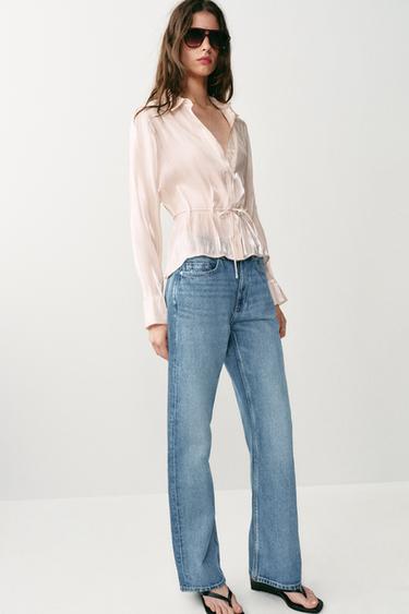 Zara 亮面腰帶襯衫 - 香子蘭色 - 圖片 0
