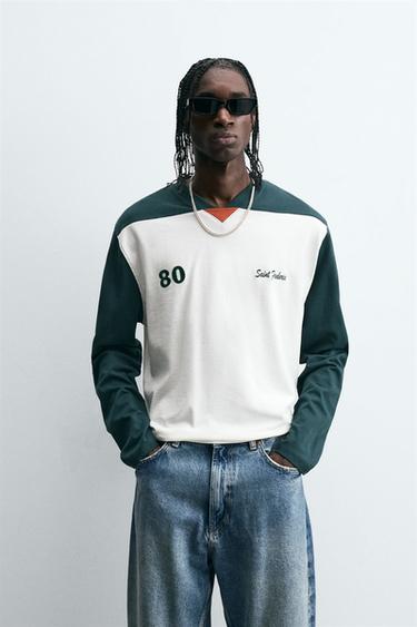 CAMISETA COLOR BLOCK BORDADOS - Branco-marfim da Zara