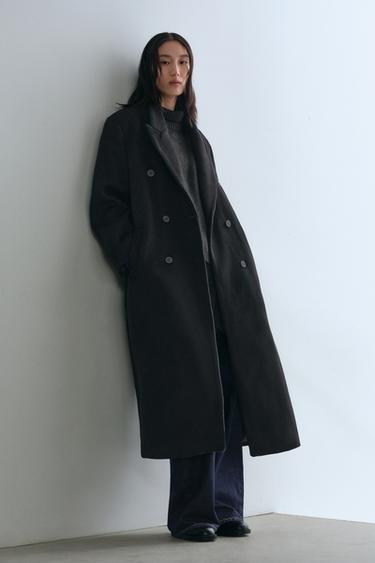 Zara 超長版羊毛混紡大衣 - 黑色