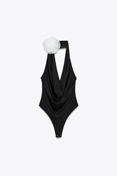 HALTER BODYSUIT WITH FLORAL APPLIQUÉ - Black by Zara - Image 6