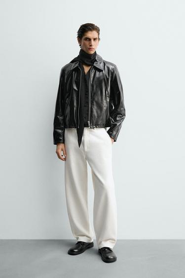 Zara SHINY FINISH LEATHER JACKET - Black
