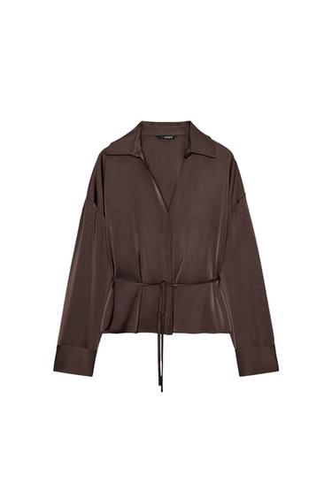 SATIN BLOUSE WITH BELT - Brown by Zara