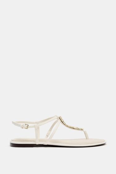 Zara FLAT SANDALS WITH METALLIC APPLIQUES - Off White - Image 0