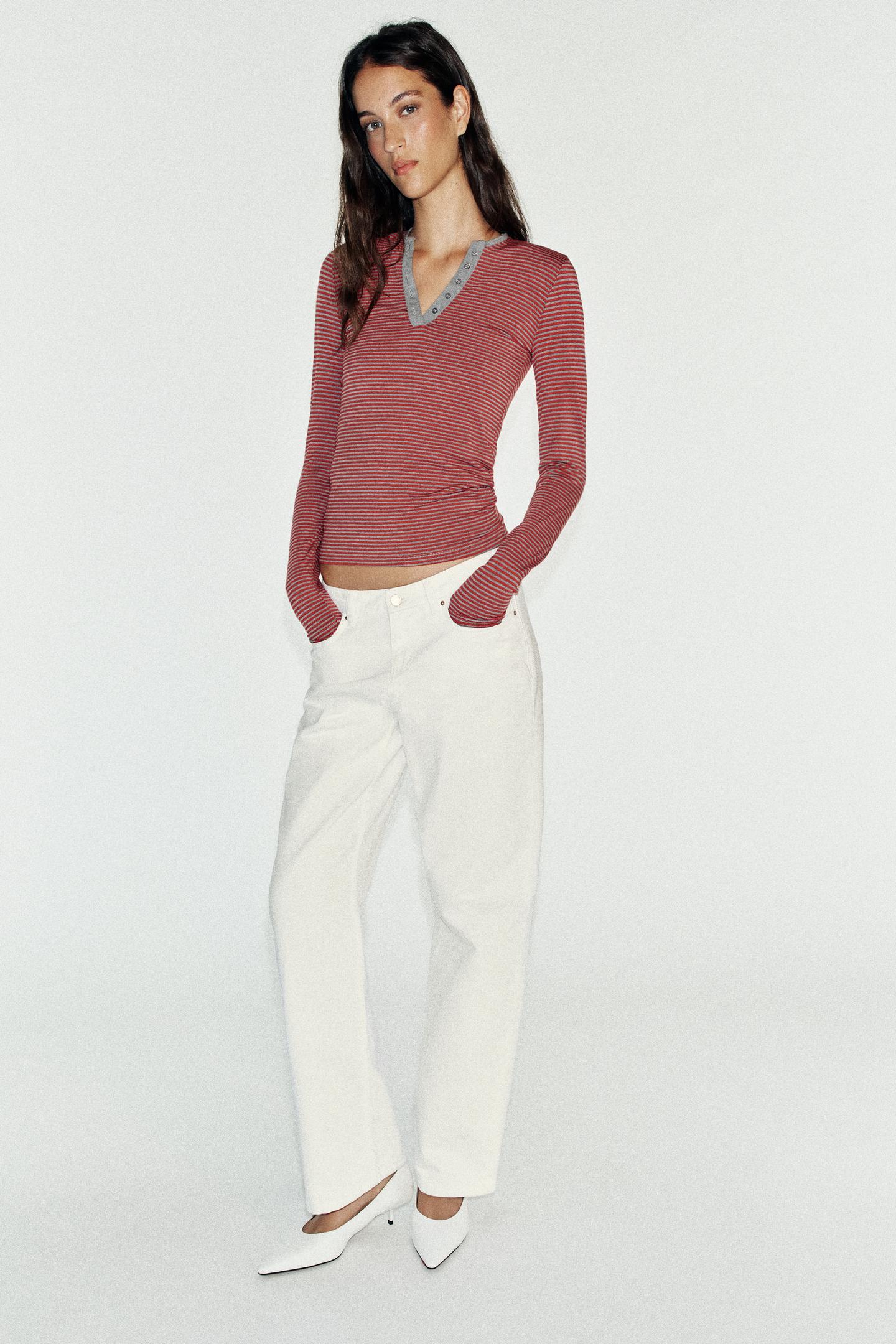 Женская футболка Zara Striped Henley, цвет: Полосатый