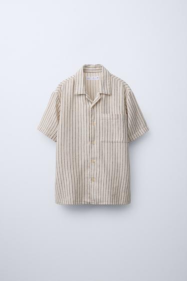 Zara STRIPED RUSTIC SHIRT - Ecru