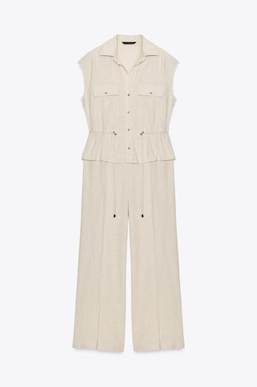 LINEN BLEND TWO-PIECE EFFECT JUMPSUIT - Light beige by Zara