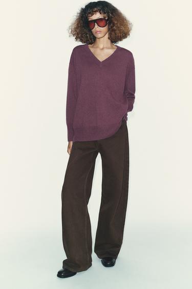 Zara 100% WOOL OVERSIZED KNIT SWEATER - Purple