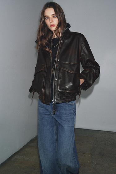 ZW COLLECTION LIMITED EDITION LEATHER BOMBER JACKET - Brown by Zara