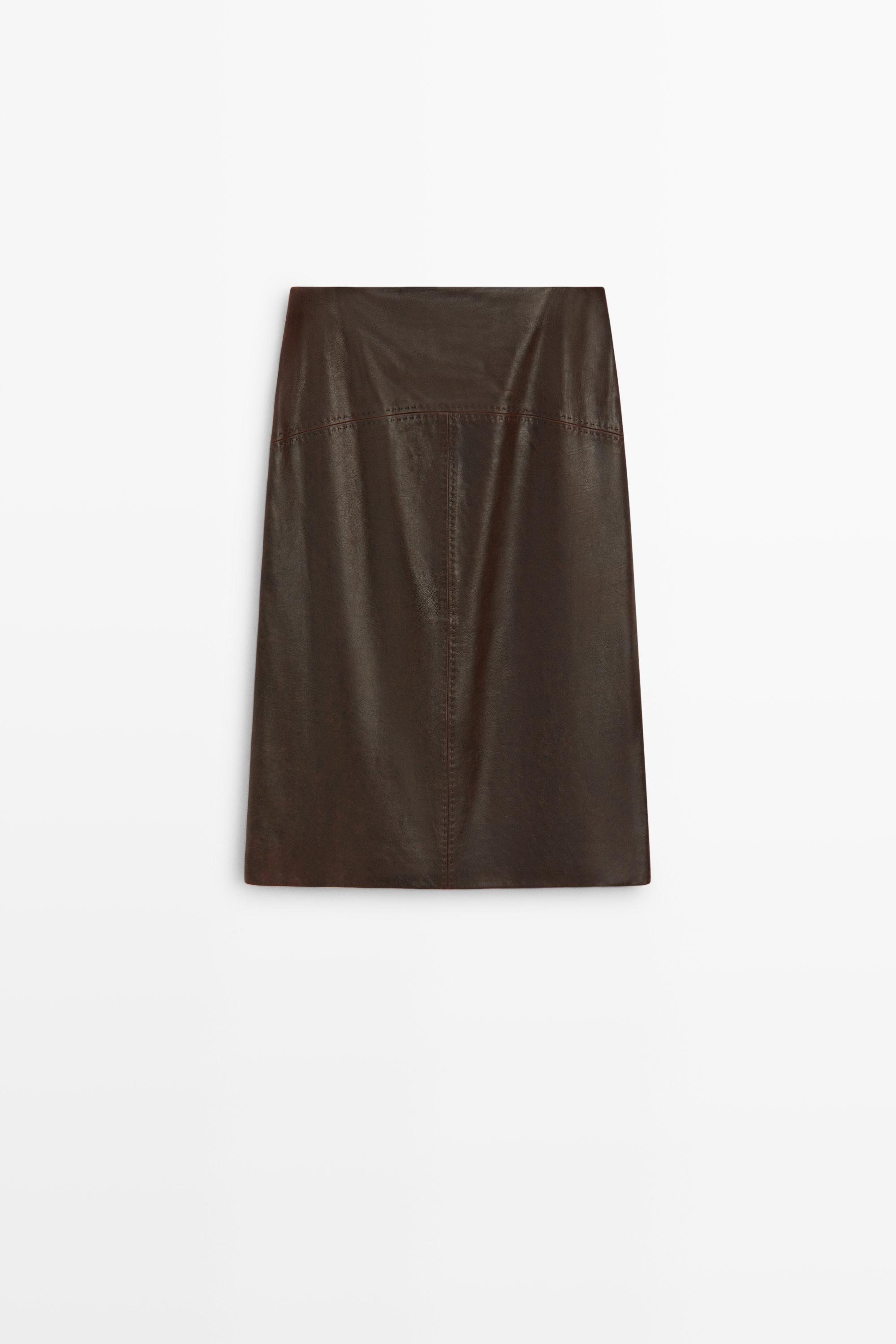 Straight nappa leather midi skirt with seam details