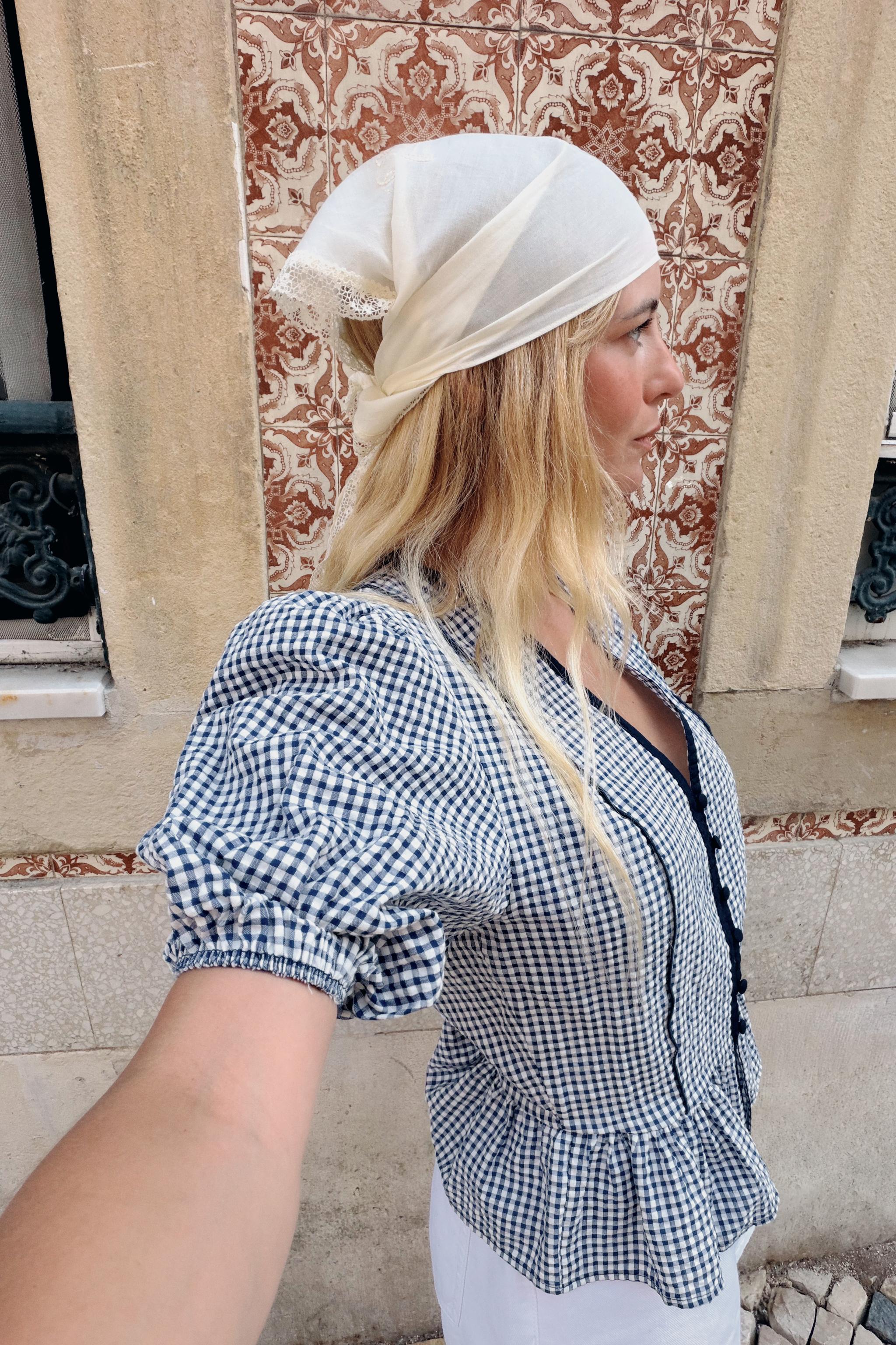 GINGHAM PEPLUM BLOUSE — Navy / White