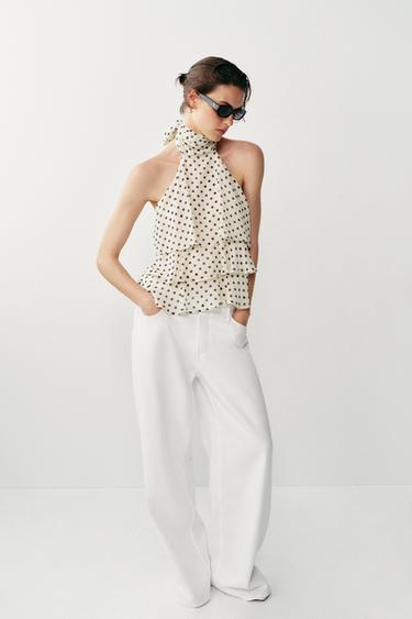 RUFFLED HALTER NECK TOP WITH DOTS - Ecru / Black by Zara