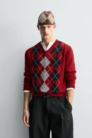 100% WOOL JACQUARD ARGYLE JUMPER - Red by Zara