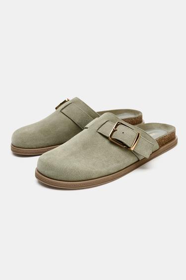 SUEDE CLOGS WITH METAL BUCKLE - Khaki Green by Zara