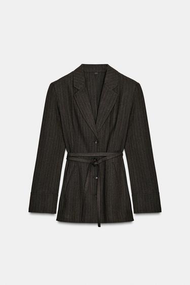Zara ZW COLLECTION SAKO SA POJASOM I DEZENOM RIBLJE KOSTI – laporno smeđa