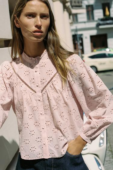 CAMISA BORDADOS PERFORADOS - Rosa pastel de Zara