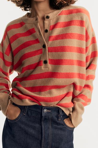 STRIPED WOOL AND CASHMERE JUMPER - camel by Zara