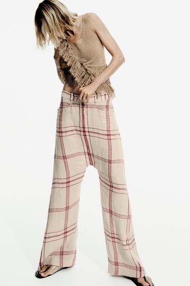 ZW COLLECTION LINEN CHECK BAGGY TROUSERS - Ecru / Red by Zara