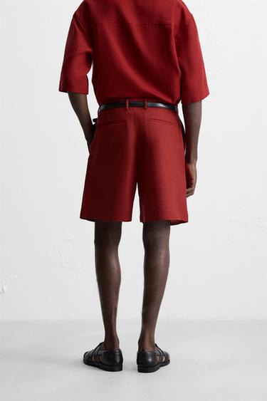 COTTON-LINEN TEXTURED BERMUDA SHORTS - Intense red by Zara - Image 2