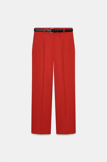PANTALON DROIT CEINTURÉ - Rouge foncé de Zara - Image 4