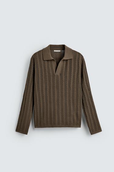 STRICK-POLOSHIRT MIT ZOPFMUSTER - Hellbraun von Zara