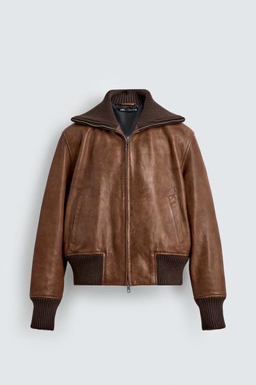 Zara REGULAR FIT LEATHER JACKET - Toffee