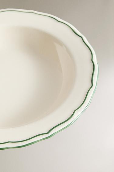 EARTHENWARE SOUP PLATE WITH CONTRAST EDGE - White / Green by Zara - Image 2
