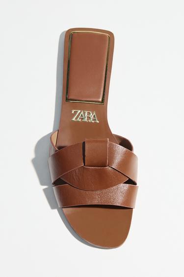FLAT CRISS-CROSS LEATHER SLIDER SANDALS - Brown by Zara