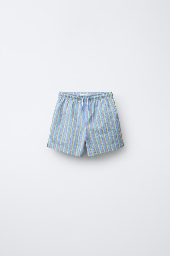 6-14 AÑOS/ BERMUDA BAÑO SEERSUCKER RAYAS - Azul de Zara - Imagen 0