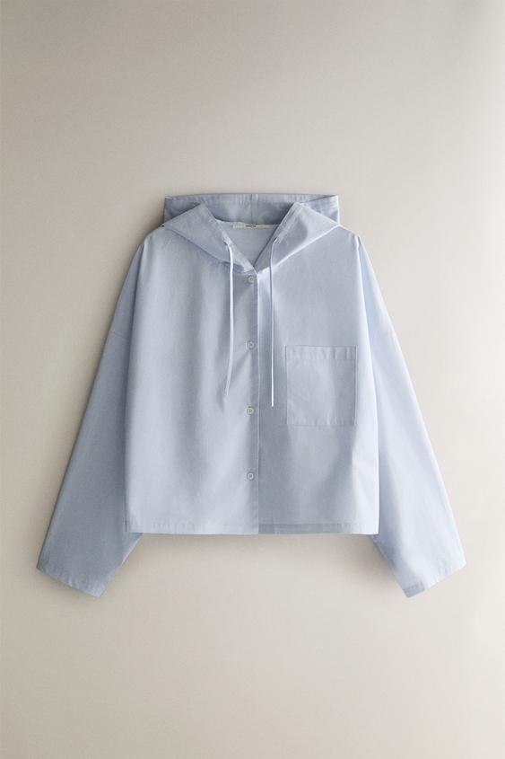 Zara STRIPED HOODED SHIRT - Blue - Image 0