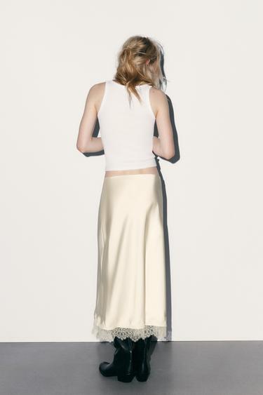 JUPE MI-LONGUE EN SATIN AVEC DENTELLE - Écru moyen de Zara - Image 4