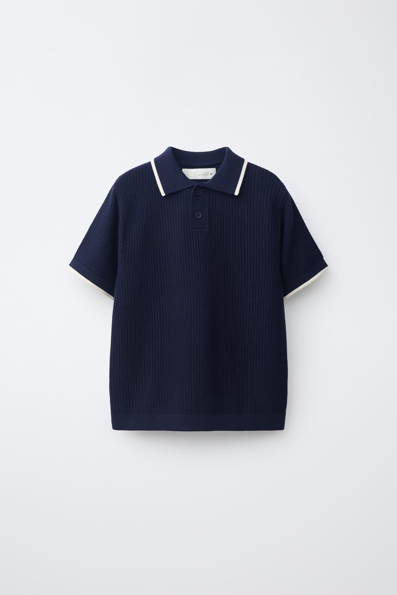 CONTRAST PIPING RIBBED POLO — Dark navy