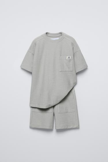 Zara TEXTURE T-SHIRT AND SHORTS MATCHING SET - Light gray