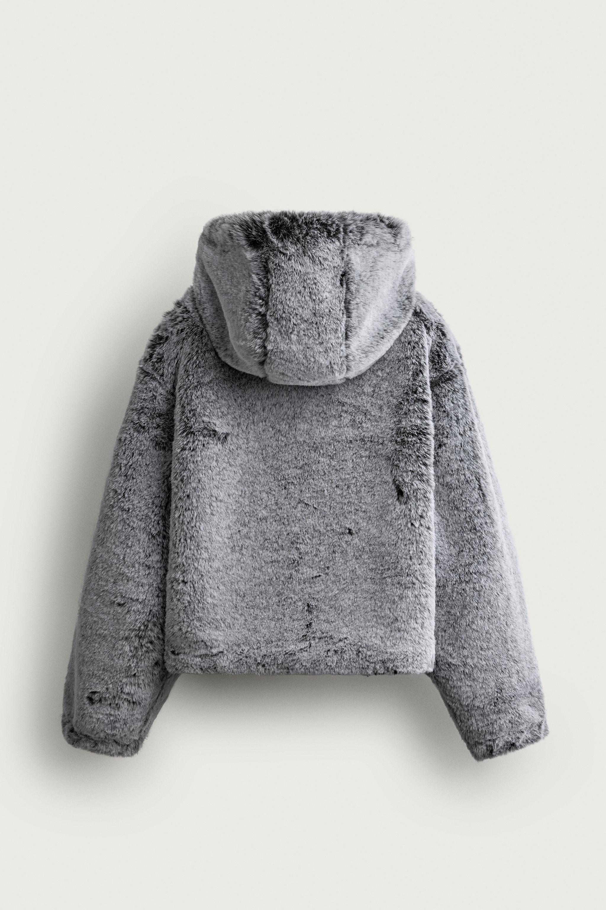 BLOUSON CROPPED FIT EFFET FOURRURE CAPUCHE