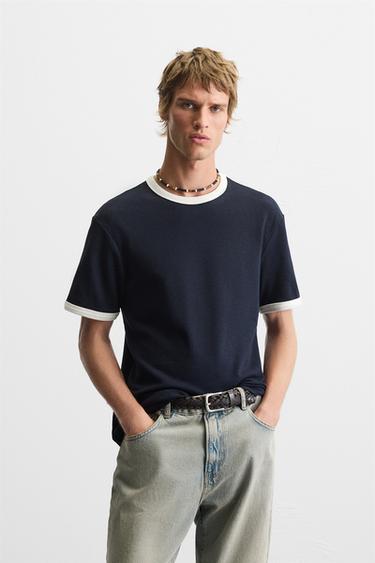 T-SHIRT CÔTELÉ CONTRASTE BASIQUE - Bleu marine de Zara - Image 1