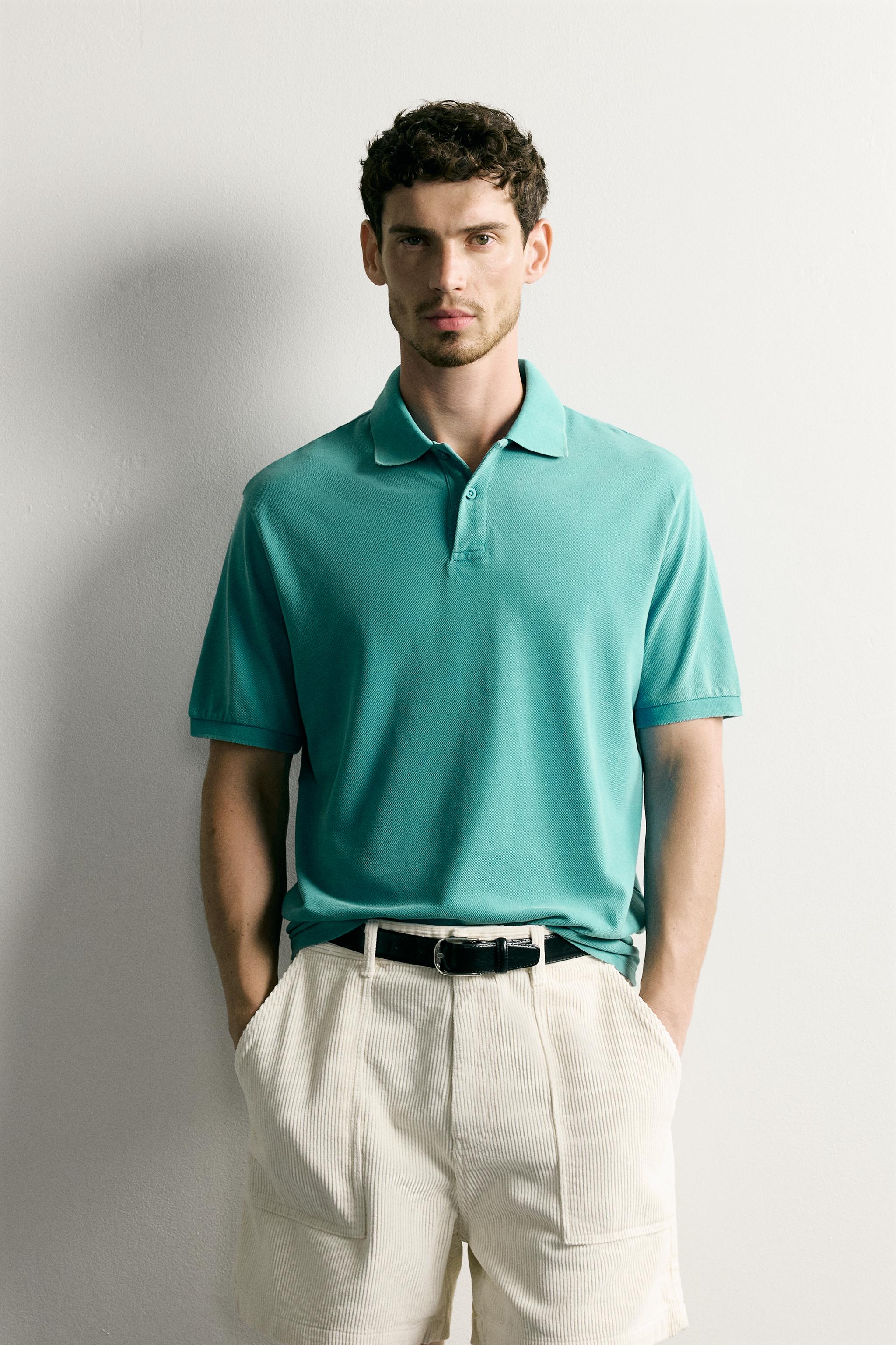 REGULAR FIT WASHED PIQUÉ POLO — Bright turquoise