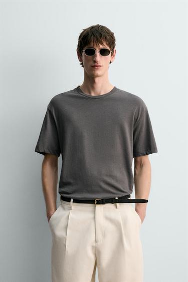 ТЕНИСКА СЪС СВОБОДНА КРОЙКА ОТ ПАМУК И ЛЕН - Тъмно сиво от Zara