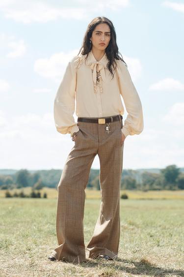 Zara LIMITED EDITION WOOL PLAID FLARE PANTS - Brown