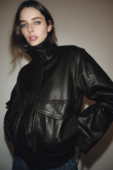 100% LEATHER BOMBER JACKET ZW COLLECTION LIMITED EDITION - Black by Zara - Image 4