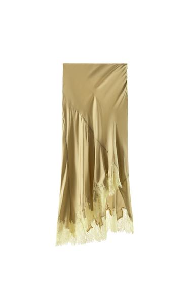 GONNA SATINATA ASIMMETRICA CON PIZZO - Kaki di Zara