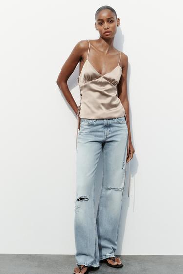 АТЛАСНЫЙ ТОП С ЗАВЯЗКАМИ ПО БОКАМ — КОРИЧНЕВЫЙ от Zara — изображение 0