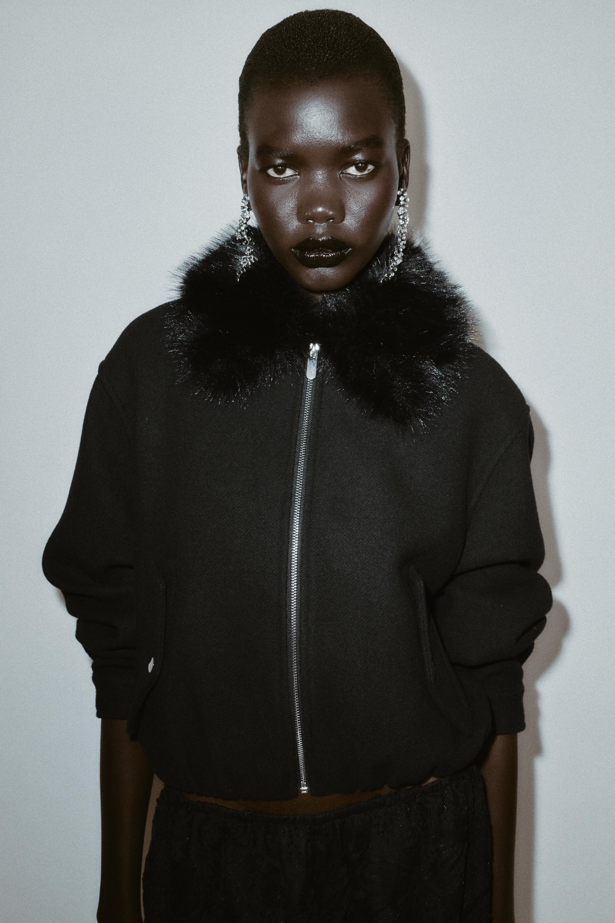 フェイクファーラペルボンバージャケット - ブラック | ZARA Japan / 日本