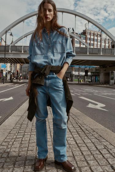 Zara OVERSIZED DENIM SHIRT - Mid-blue