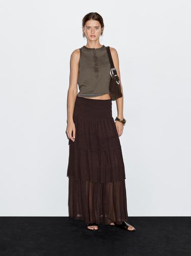 Zara Top with contrast trim detail - Dark khaki - Image 0